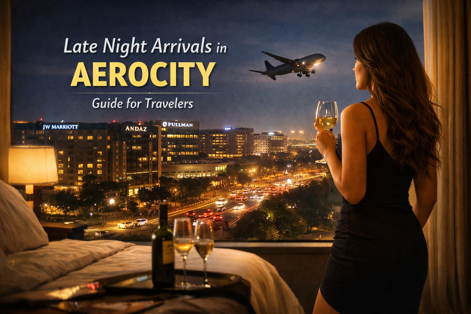 Luxury hotel room view in Aerocity during late night arrival