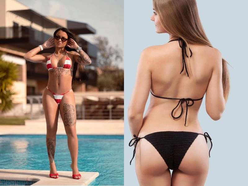 Escort in red bikini posing by the pool, wearing sunglasses outdoors