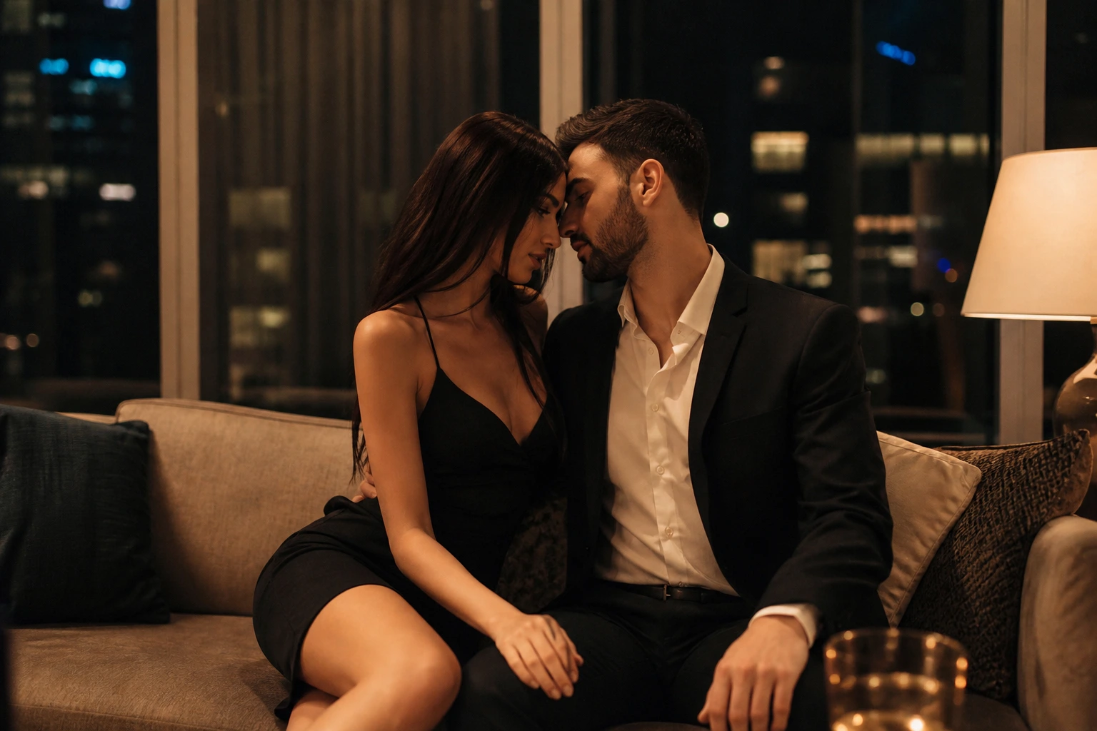 Couple sharing intimate moment on sofa at night