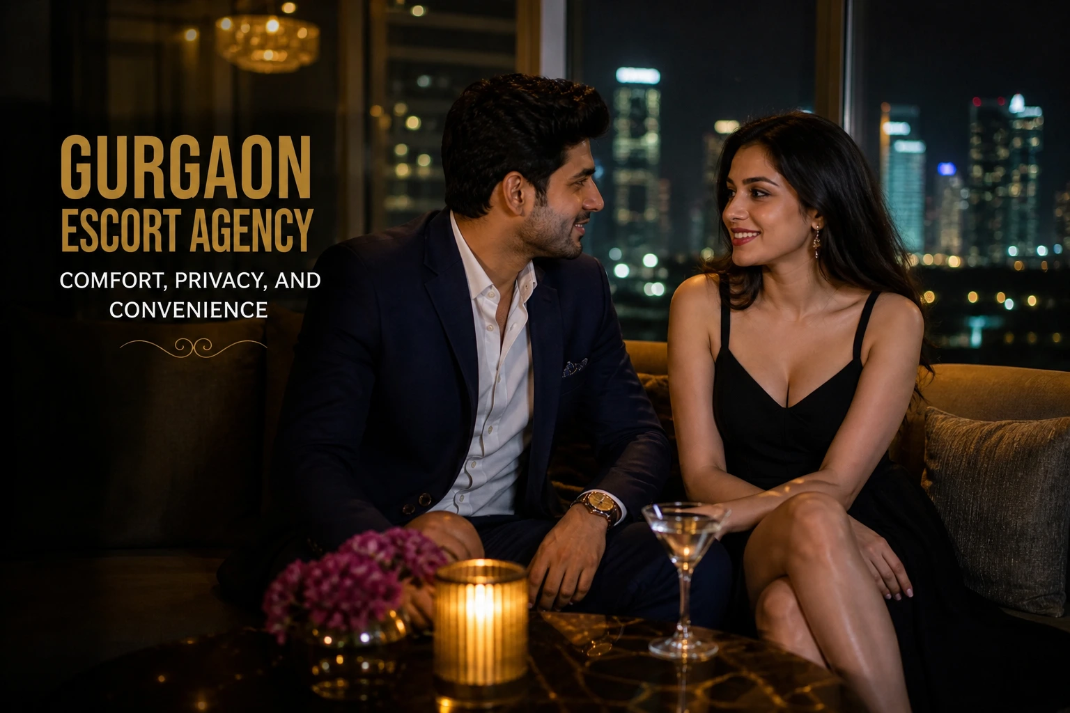 Romantic city lounge scene with couple and soft ambient lighting