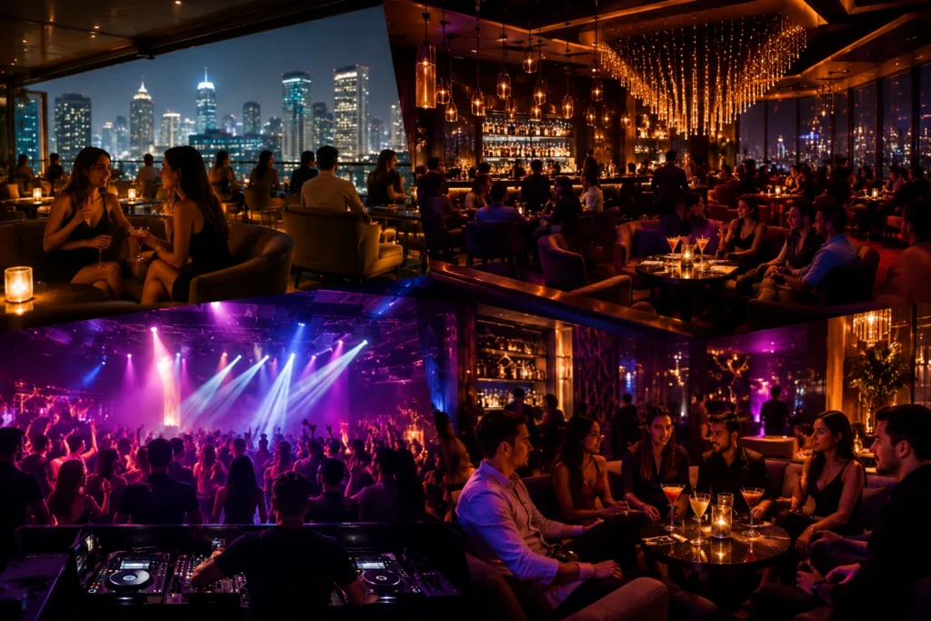 Gurgaon nightlife scene with DJ, crowd, and lounge